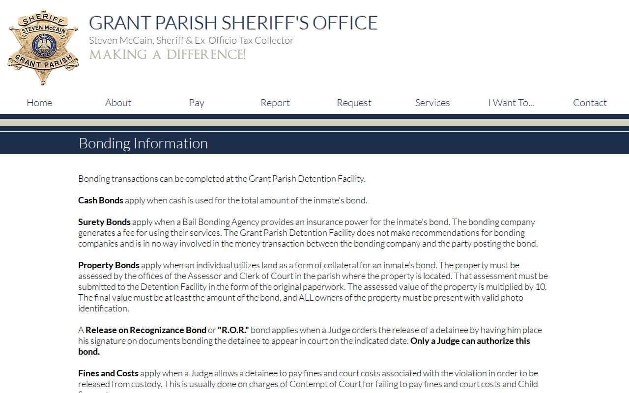 Grant Parish Sheriff's Office explanation of cash, surety, property, and recognizance bonds