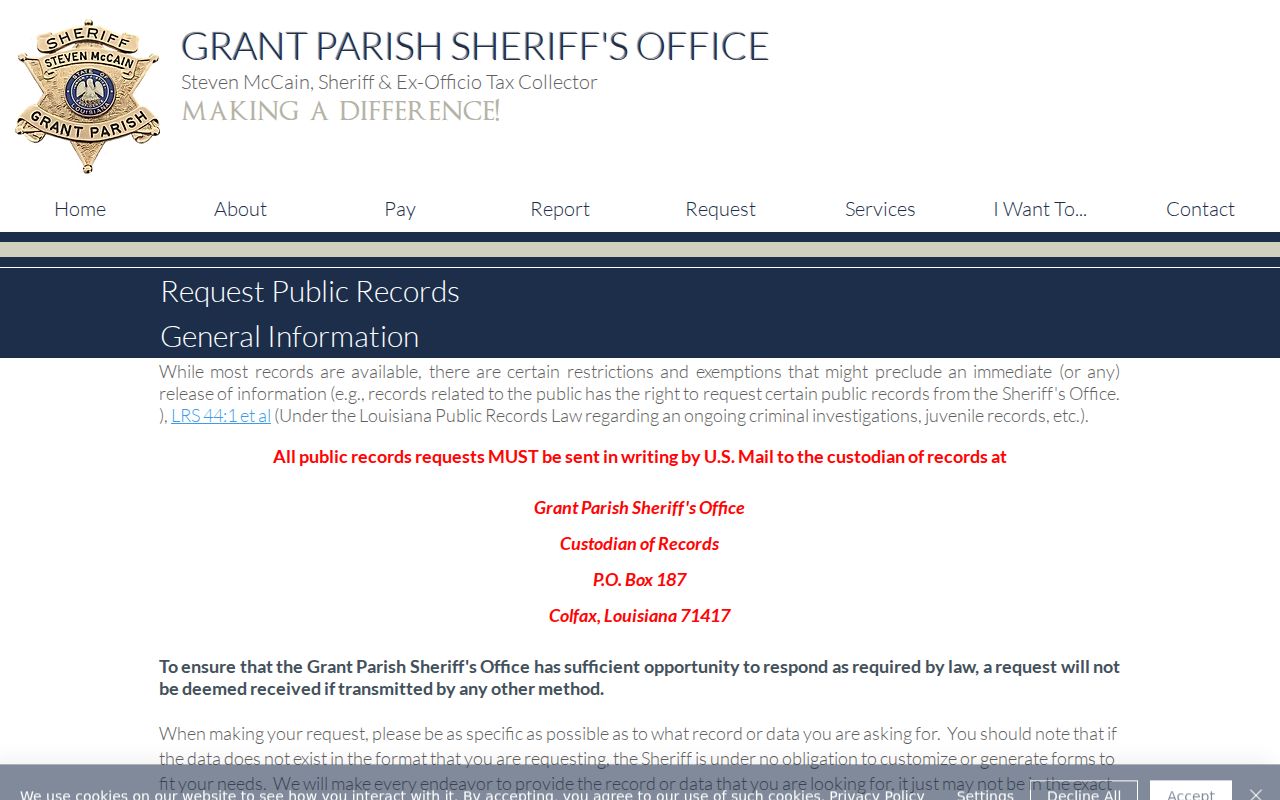 Grant Parish Sheriff's Office mail-only public records request instructions with custodian address and fee table