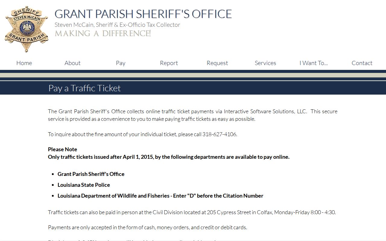Grant Parish Sheriff's Office traffic ticket eligibility and date rule page for resolving a traffic warrant