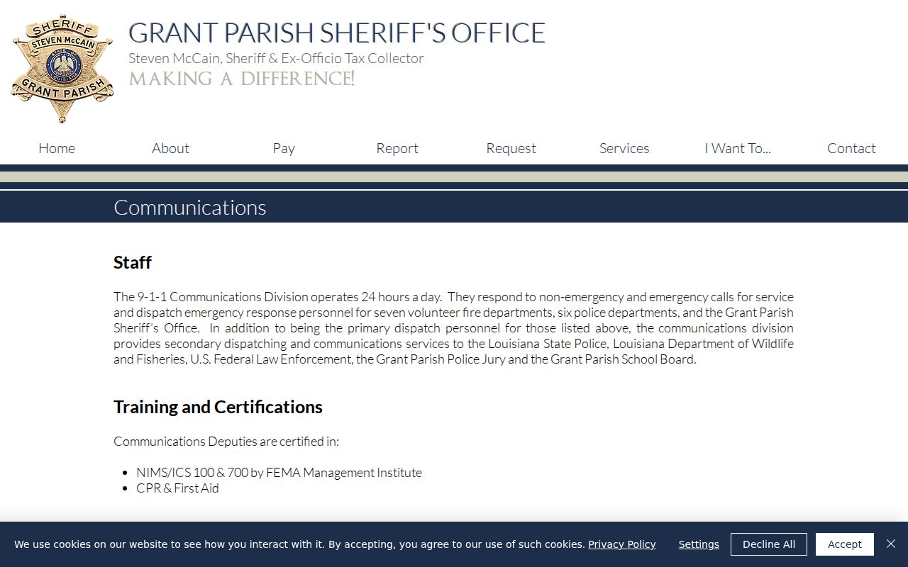 Grant Parish Sheriff's Office 24-hour communications page describing restricted law enforcement databases