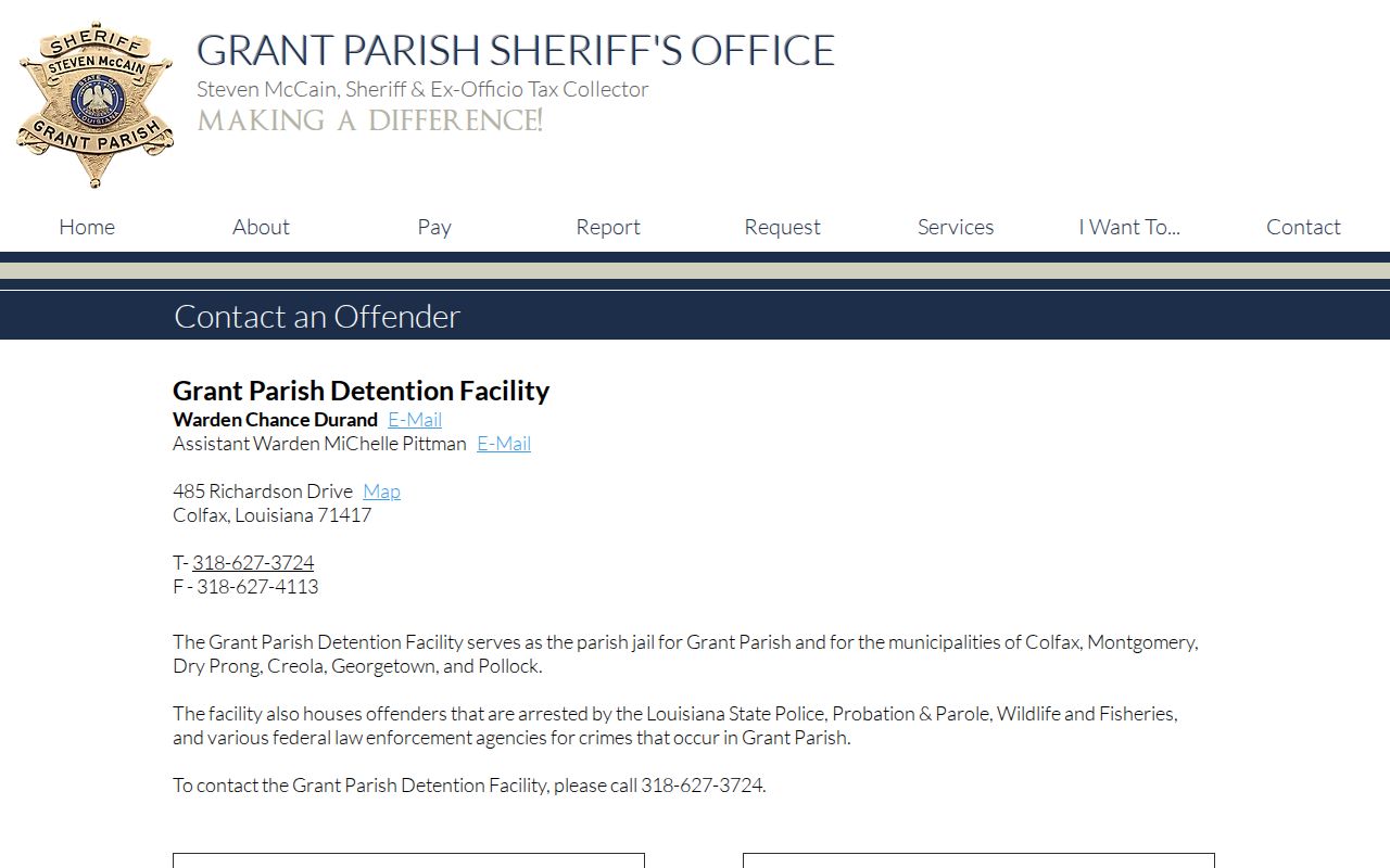Grant Parish detention contact block listing the facility address and phone number