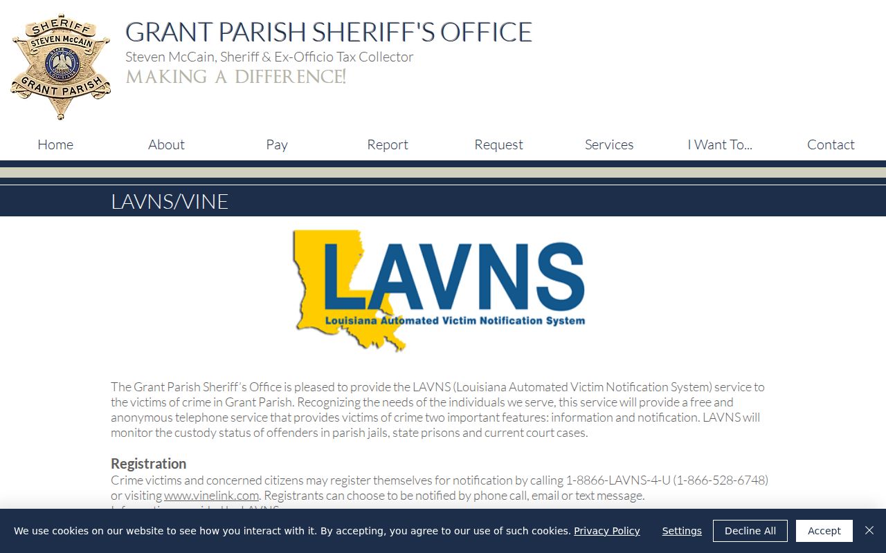 Louisiana victim notification service telephone and web route described on the Grant Parish Sheriff's Office site