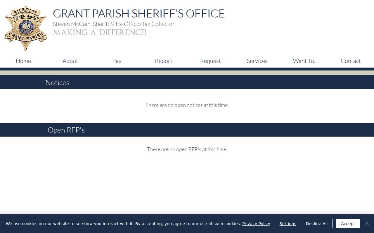 Grant Parish Sheriff's Office notices page with no open notices for bench warrant programs