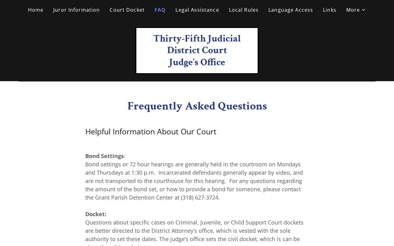 Grant Parish 35th Judicial District Court FAQ page describing bond setting times after an arrest warrant