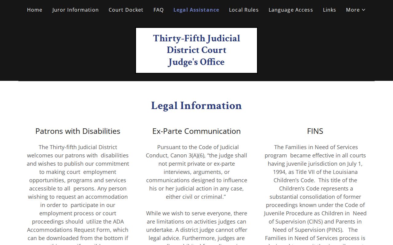 35th Judicial District Court legal assistance page explaining filing with the Clerk in Grant Parish arrest warrant cases