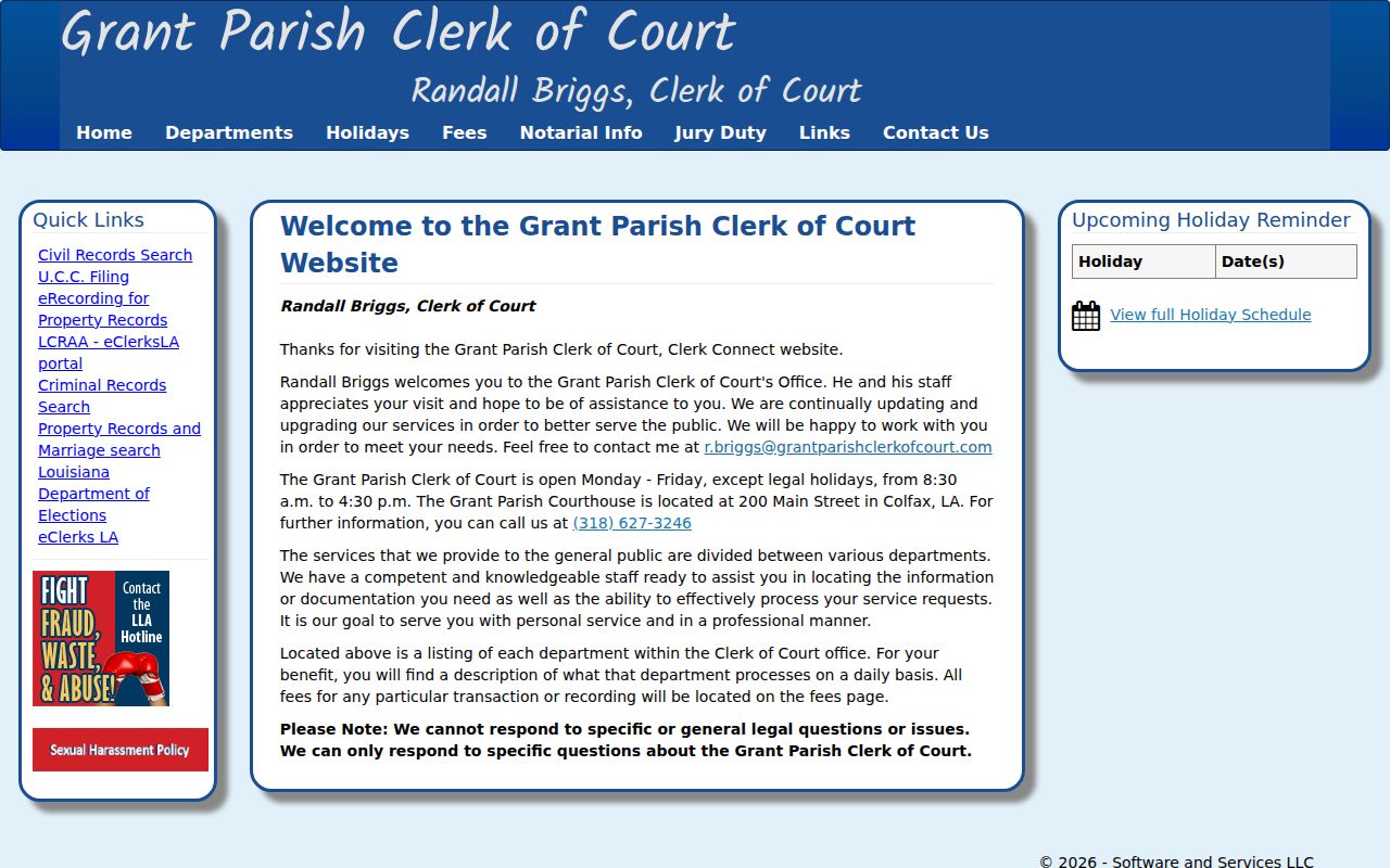 Grant Parish Clerk of Court criminal search endpoint showing no public warrant fields