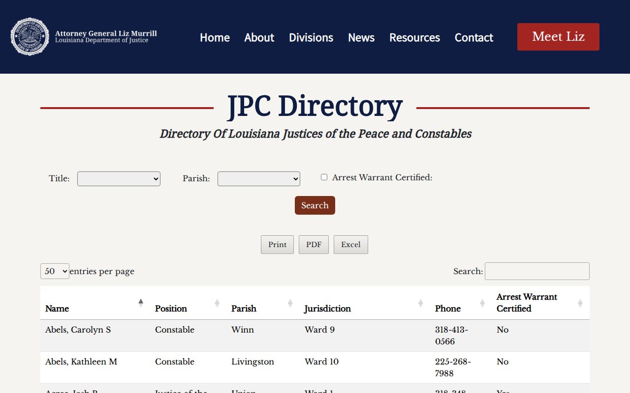 Justice court directory filter controls for title, parish, and arrest warrant certification