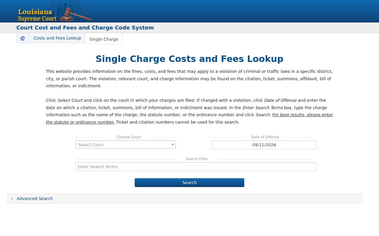Louisiana charge code search page used to look up traffic offense costs, not Grant Parish traffic warrants