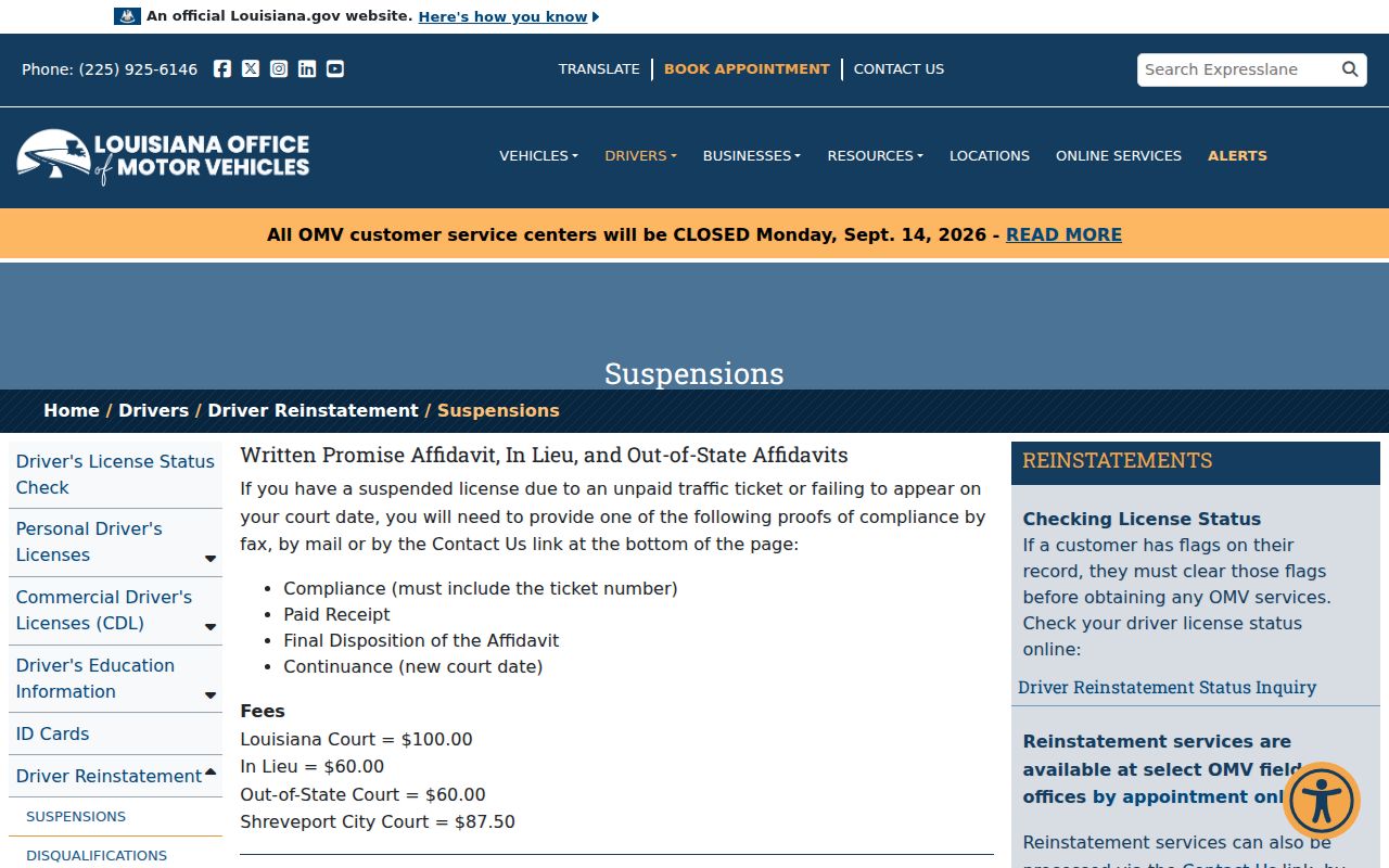 Louisiana OMV suspension page listing court compliance documents for Grant Parish traffic warrant cases