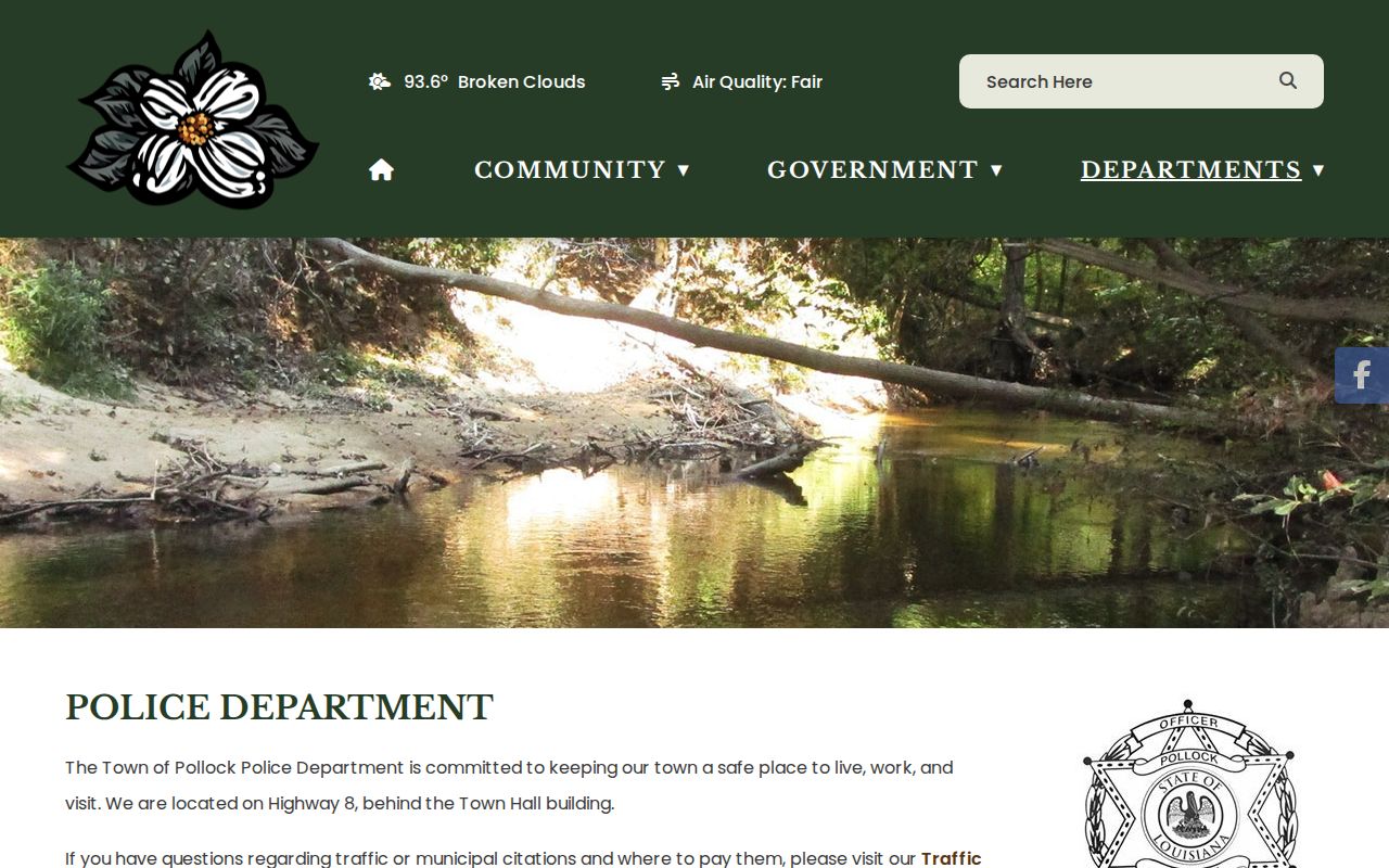 Pollock municipal police page with address and hours for Grant Parish city court warrant questions