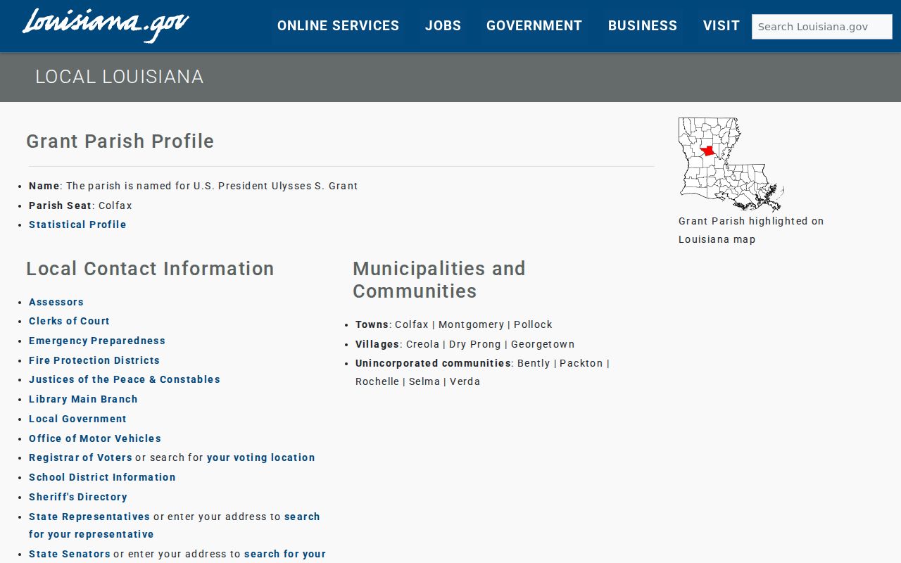 Louisiana official Grant Parish profile listing Colfax, Montgomery, Pollock, Creola, Dry Prong, and Georgetown