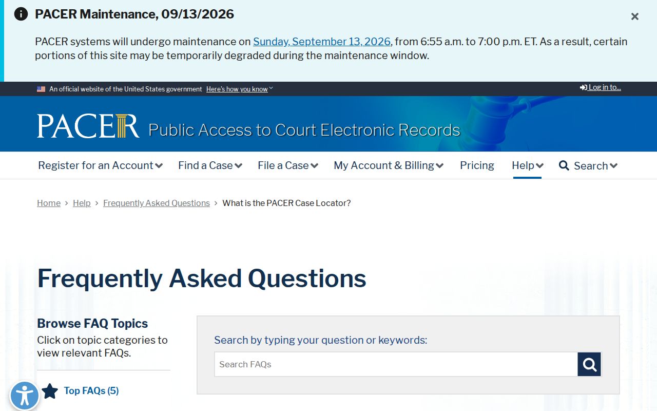 PACER case locator scope and nightly update explanation for federal case records