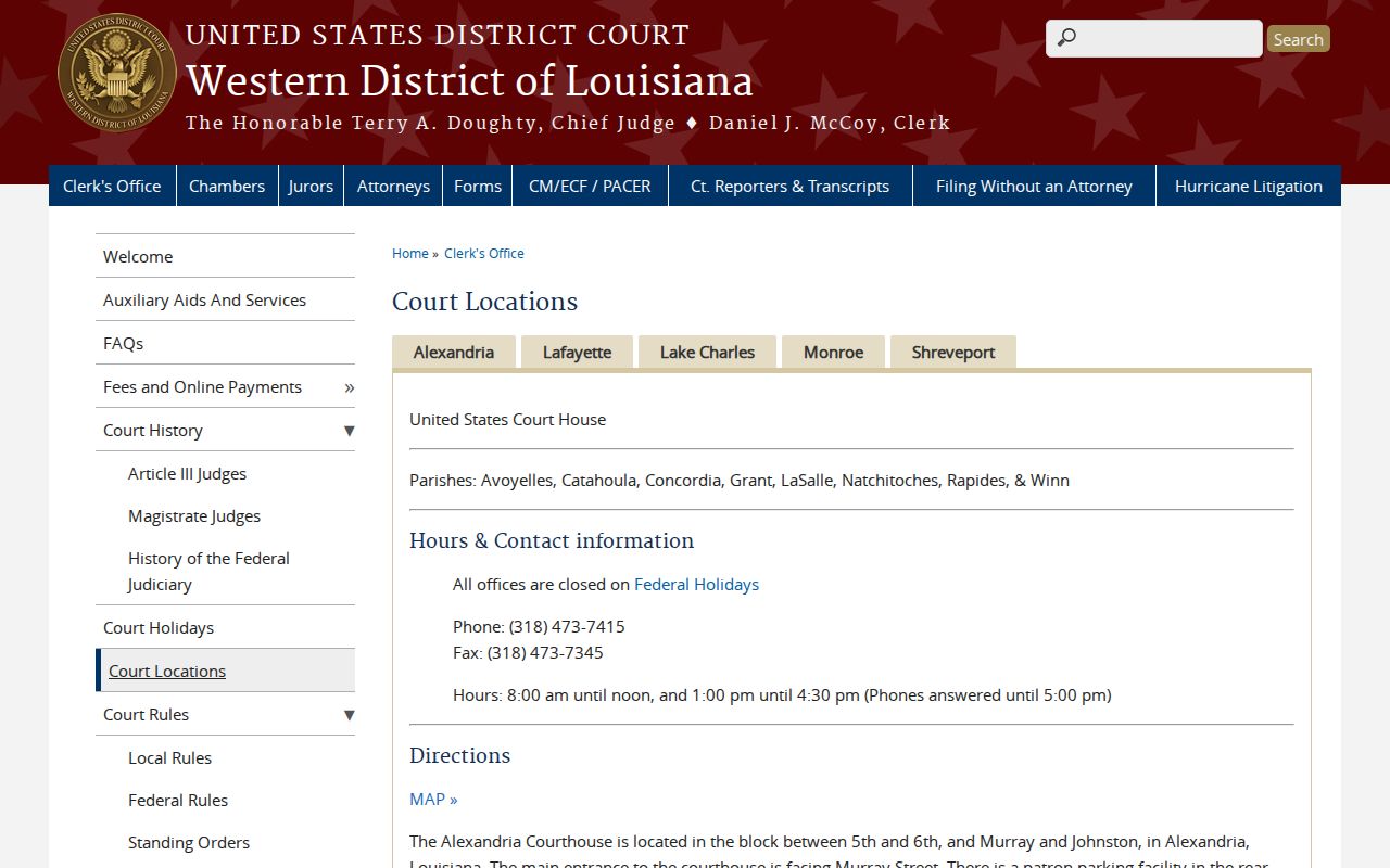 Western District of Louisiana division map showing the Alexandria Division that handles federal arrest warrants from Grant Parish