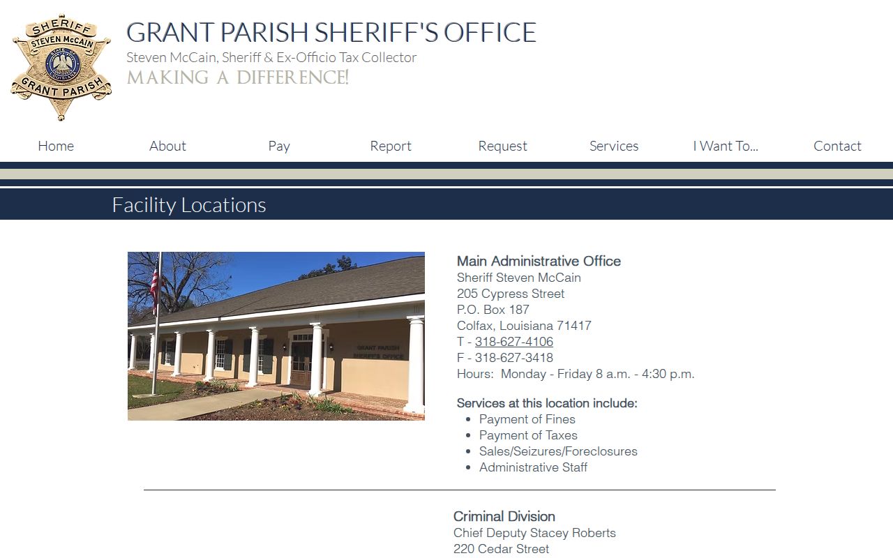 Grant Parish Sheriff's Office division and location cards for administration, criminal, detectives, and detention