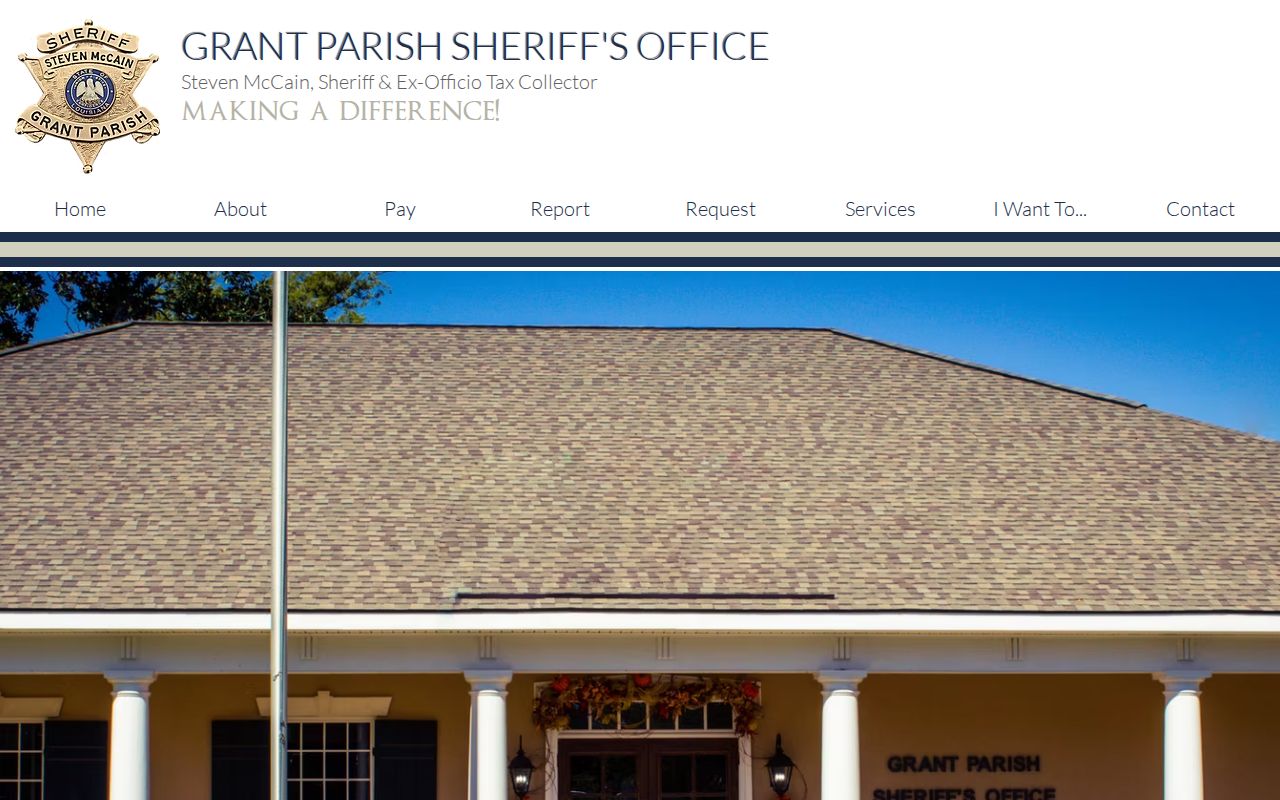 Grant Parish Sheriff's Office home page navigation with public records, ticket, and bonding links