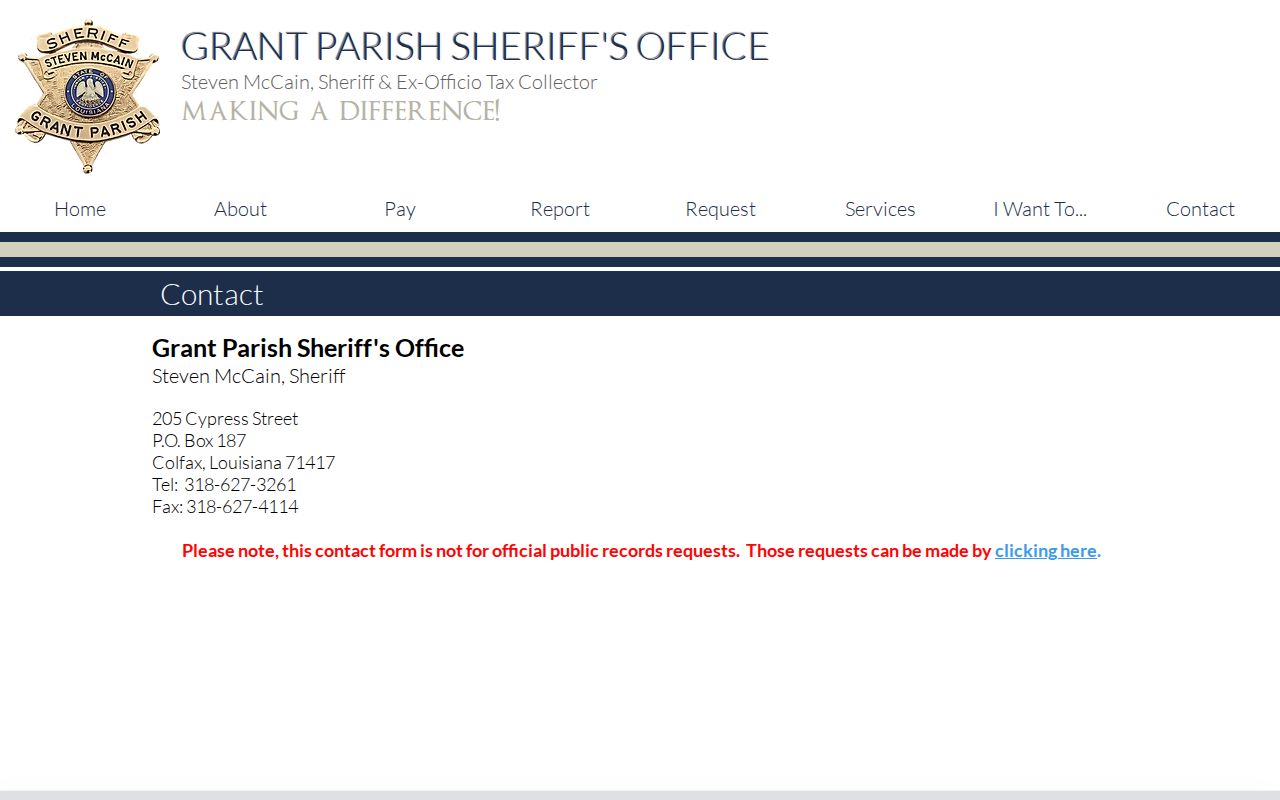 Grant Parish Sheriff's Office contact block with Colfax address, phone number, and office hours